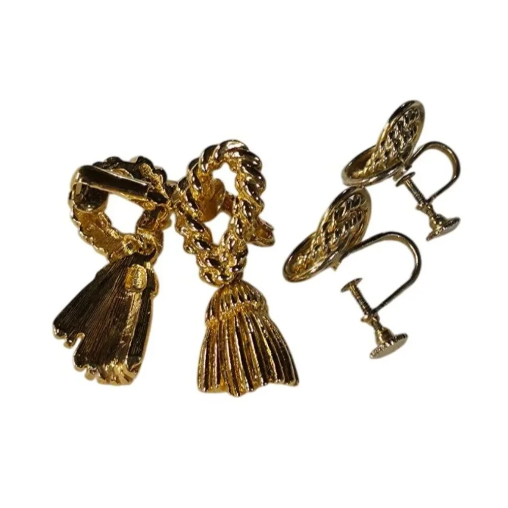 2 PRs Vintage Gold-Tone Rope & Tassel Clip-On Earrings With Adjustable Screw Bac - Picture 2 of 4